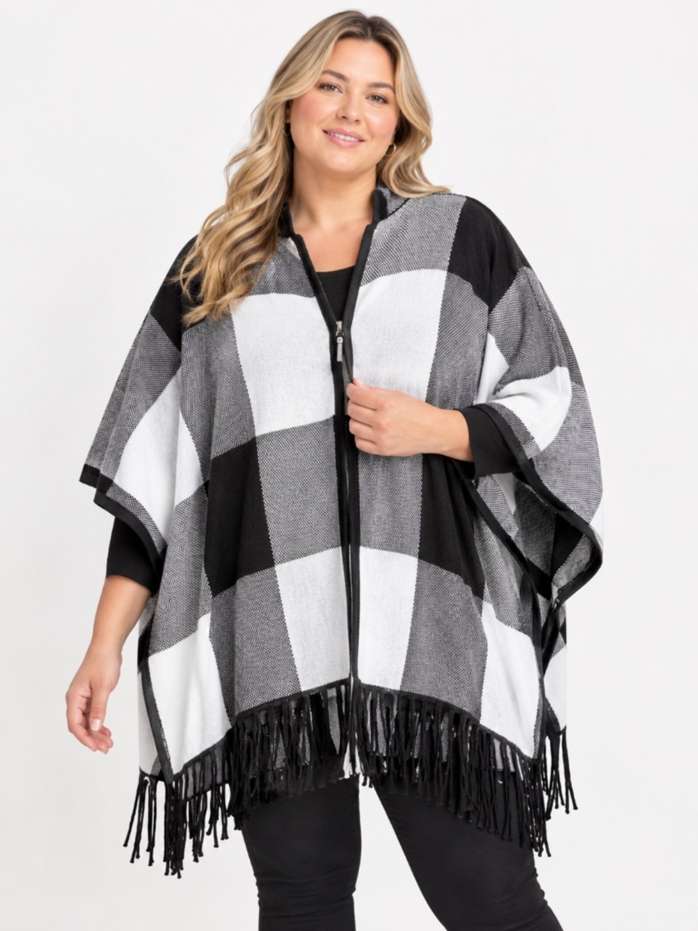 Christian Siriano 2X Oversized Plaid Poncho Shawl Cape w/Fringe Black & White